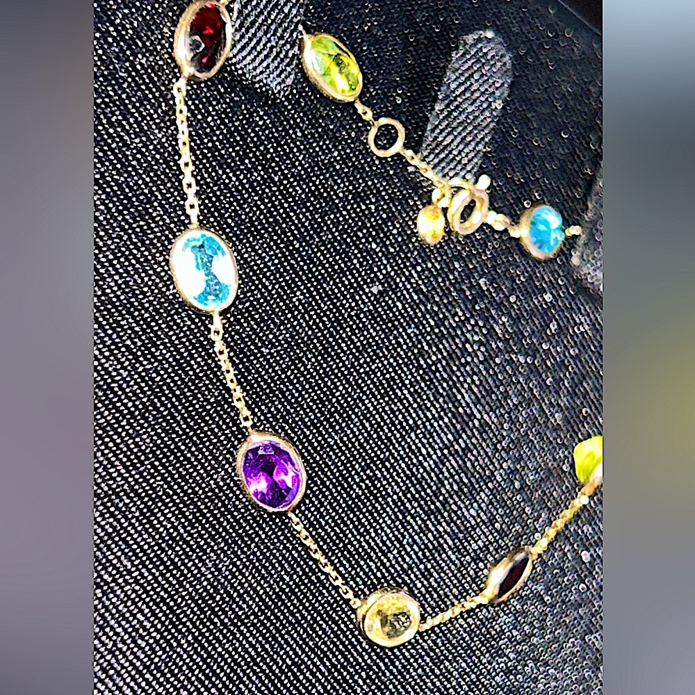 14K Gold Chain Bracelet with Colorful Multi Gemstones - Picture 7 of 12